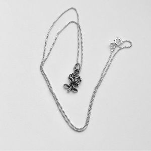 Sterling Silver Small Single Stem Rose Necklace, Flower Necklace, Silver Chain